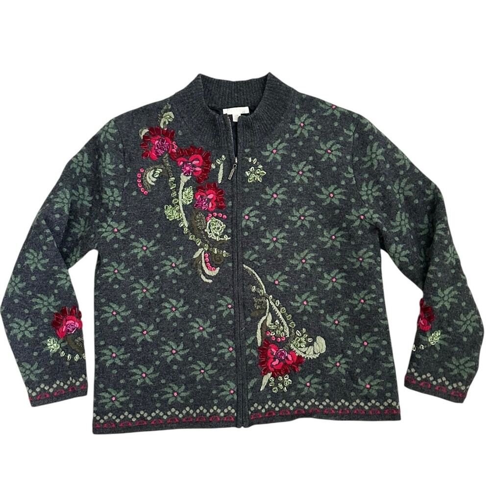 Carson Wool Blend Floral Embroidered Zip Cardigan Jacket Lined Gray Red Green L